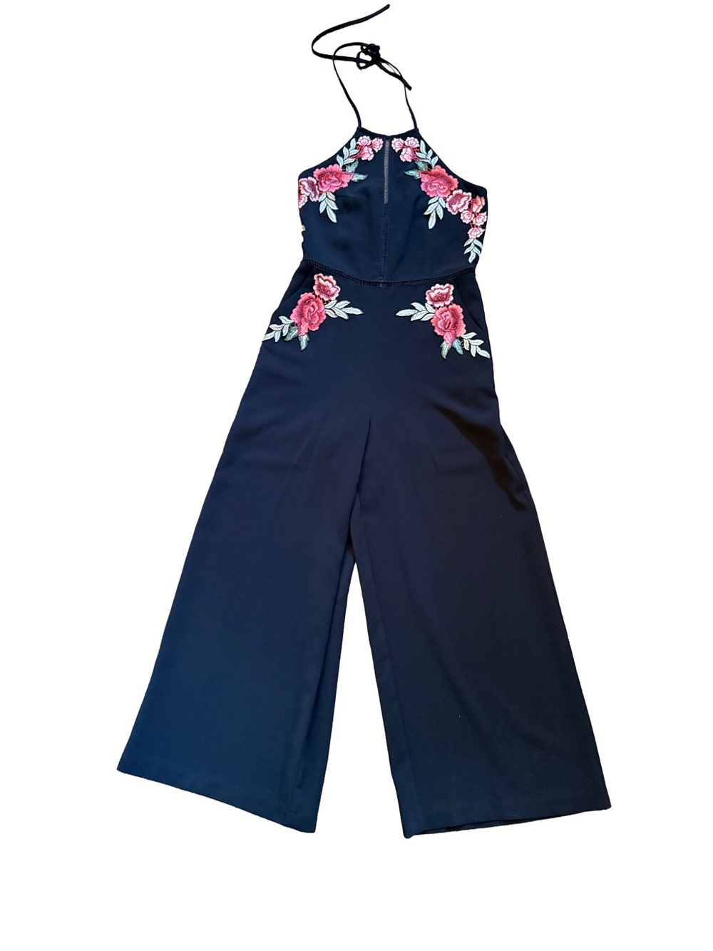 Gianni Bini Black Halter Jumpsuit with Pink Floral Embroidery